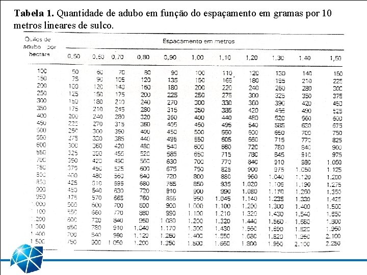 Tabela 1. Quantidade de adubo em função do espaçamento em gramas por 10 metros Tabela 1. Quantidade de adubo em função do espaçamento em gramas por 10 metros