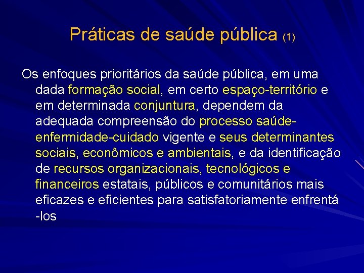 Práticas de saúde pública (1) Os enfoques prioritários da saúde pública, em uma dada