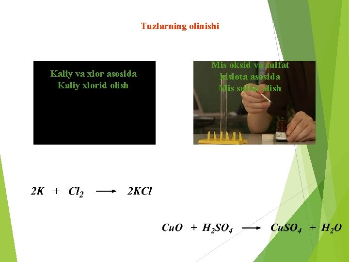Tuzlarning olinishi Kaliy va xlor asosida Kaliy xlorid olish Mis oksid va sulfat kislota