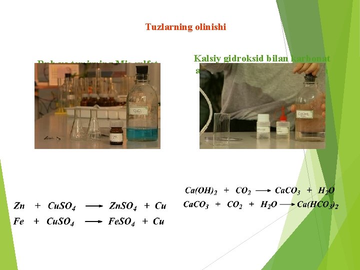 Tuzlarning olinishi Ruh va temirning Mis sulfat bilan reaksiyasidan ruh sulfat va temir sulfat