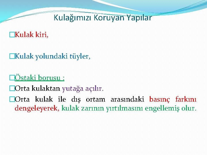 Kulağımızı Koruyan Yapılar �Kulak kiri, �Kulak yolundaki tüyler, �Östaki borusu : �Orta kulaktan yutağa
