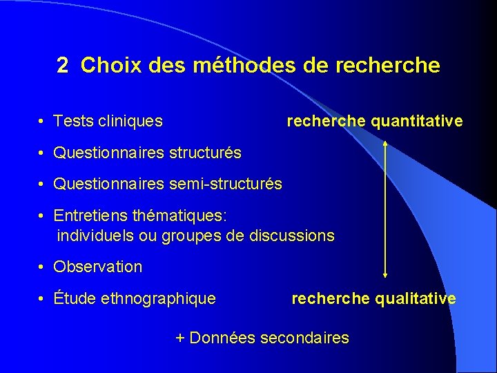 2 Choix des méthodes de recherche 2 • Tests cliniques recherche quantitative • Questionnaires 2 Choix des méthodes de recherche 2 • Tests cliniques recherche quantitative • Questionnaires