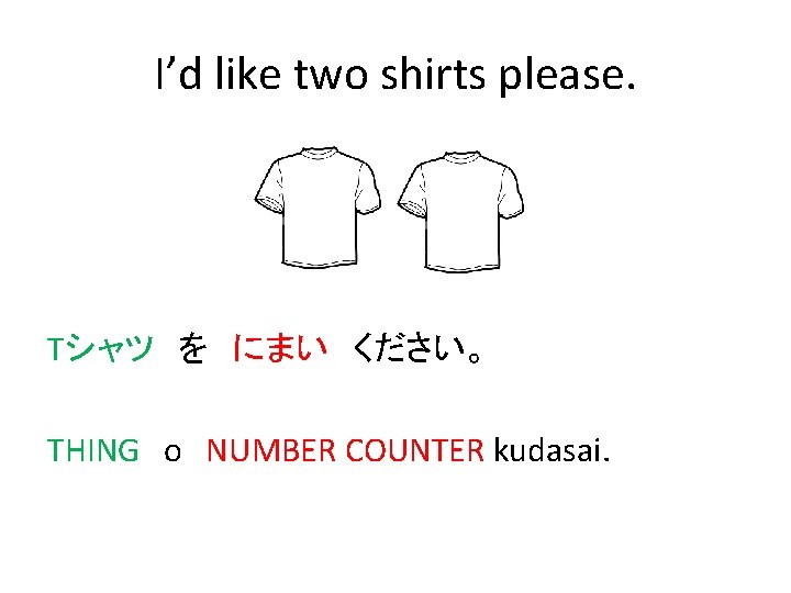 I’d like two shirts please. Tシャツ　を　にまい　ください。 THING　o NUMBER COUNTER kudasai. 