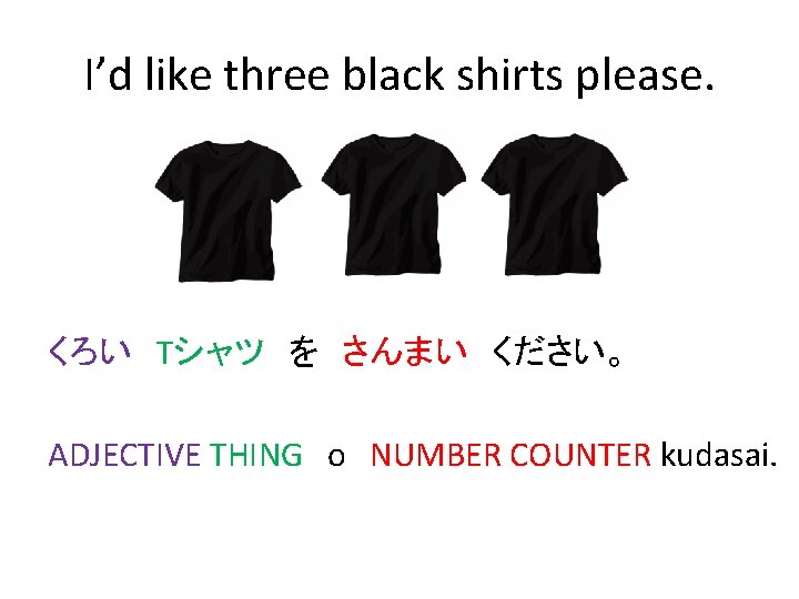 I’d like three black shirts please. くろい　Tシャツ　を　さんまい　ください。 ADJECTIVE THING　o NUMBER COUNTER kudasai. 