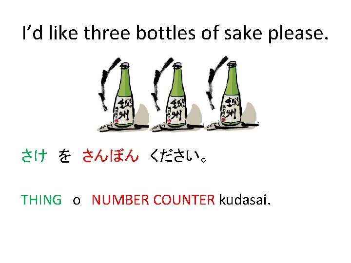 I’d like three bottles of sake please. さけ　を　さんぼん　ください。 THING　o NUMBER COUNTER kudasai. 