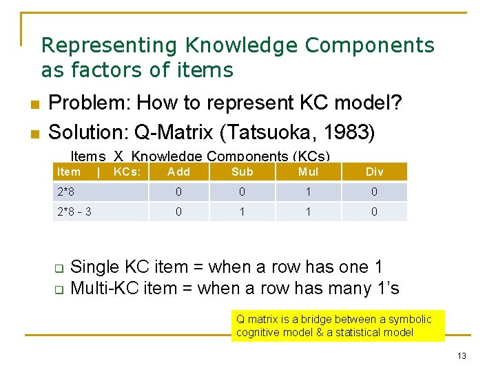 Representing Knowledge Components as factors of items n n Problem: How to represent KC