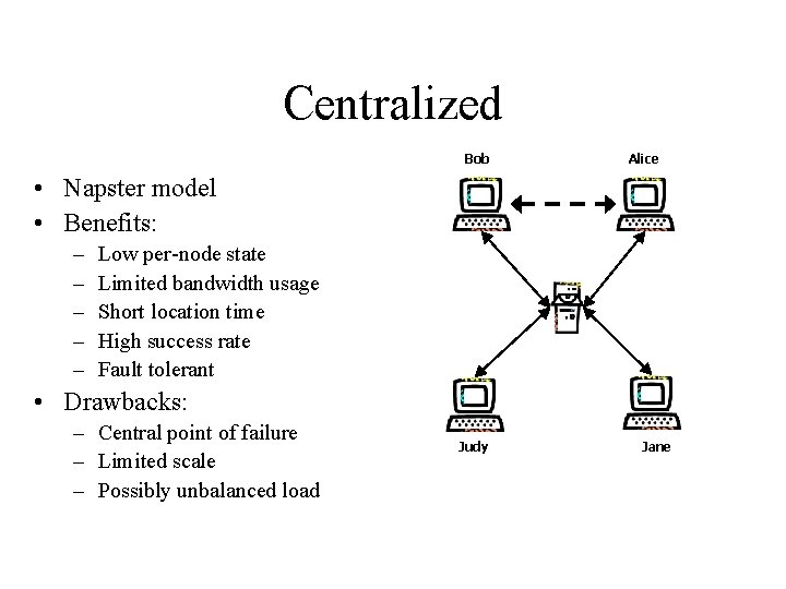 Centralized Bob Alice • Napster model • Benefits: – – – Low per-node state