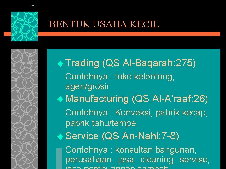 BENTUK USAHA KECIL u Trading (QS Al-Baqarah: 275) Contohnya : toko kelontong, agen/grosir u
