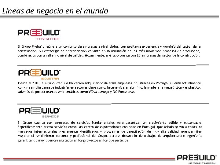 Líneas de negocio en el mundo El Grupo Prebuild reúne a un conjunto de