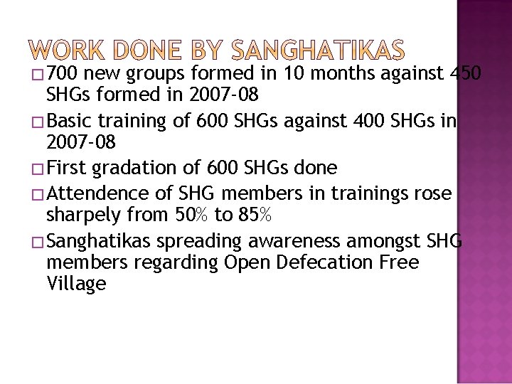 � 700 new groups formed in 10 months against 450 SHGs formed in 2007