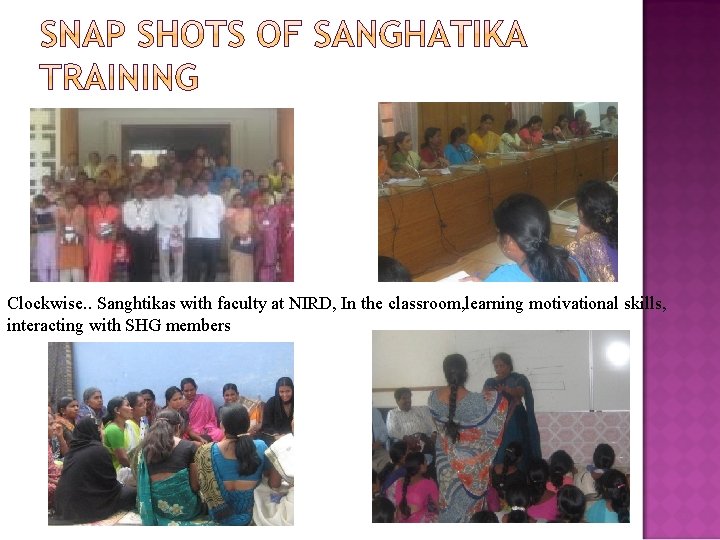 Clockwise. . Sanghtikas with faculty at NIRD, In the classroom, learning motivational skills, interacting