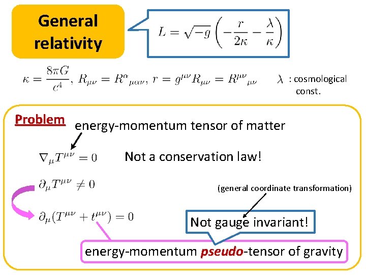 General relativity : cosmological const. Problem energy-momentum tensor of matter Not a conservation law! General relativity : cosmological const. Problem energy-momentum tensor of matter Not a conservation law!