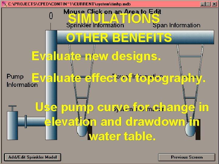 SIMULATIONS OTHER BENEFITS Evaluate new designs. Evaluate effect of topography. Use pump curve for