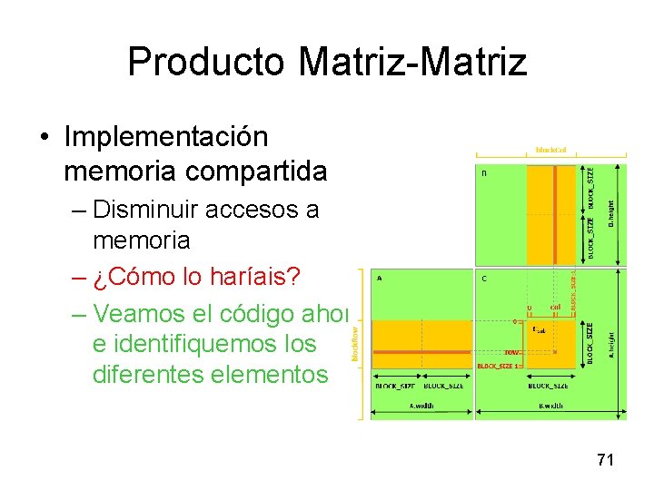 Producto Matriz-Matriz • Implementación memoria compartida – Disminuir accesos a memoria – ¿Cómo lo