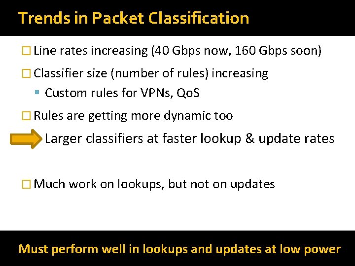 Trends in Packet Classification � Line rates increasing (40 Gbps now, 160 Gbps soon) Trends in Packet Classification � Line rates increasing (40 Gbps now, 160 Gbps soon)