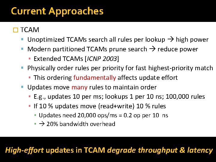 Current Approaches � TCAM Unoptimized TCAMs search all rules per lookup high power Modern Current Approaches � TCAM Unoptimized TCAMs search all rules per lookup high power Modern