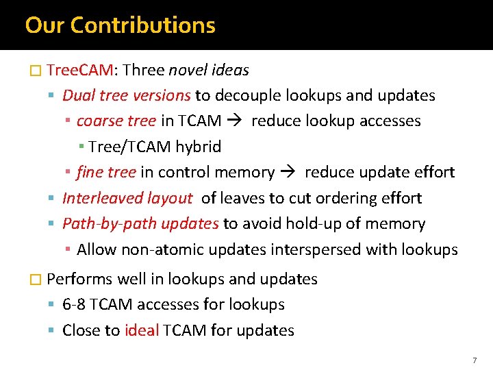 Our Contributions � Tree. CAM: Three novel ideas Dual tree versions to decouple lookups Our Contributions � Tree. CAM: Three novel ideas Dual tree versions to decouple lookups