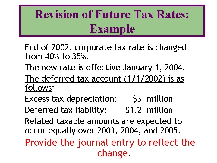 Revision of Future Tax Rates: Example End of 2002, corporate tax rate is changed