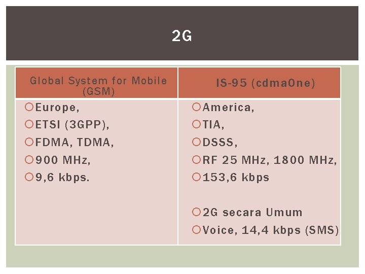 2 G Global System for Mobile (GSM) Europe, ETSI (3 GPP), FDMA, TDMA, 900