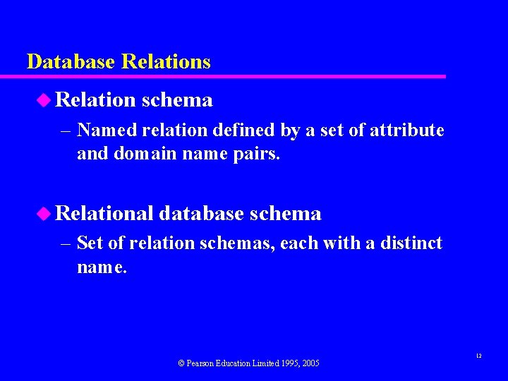 Database Relations u Relation schema – Named relation defined by a set of attribute