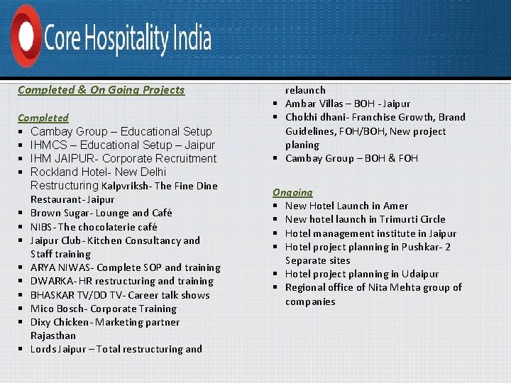 Completed & On Going Projects Completed § Cambay Group – Educational Setup § IHMCS