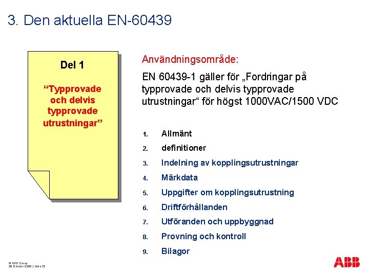 3. Den aktuella EN-60439 Del 1 “Typprovade och delvis typprovade utrustningar” © ABB Group