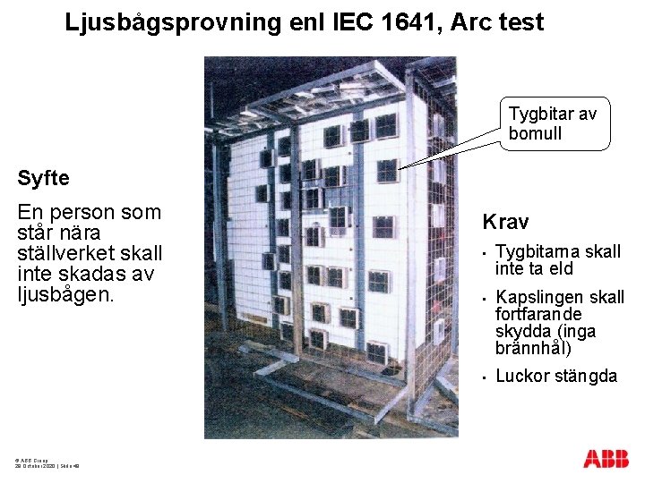 Ljusbågsprovning enl IEC 1641, Arc test Tygbitar av bomull Syfte En person som står