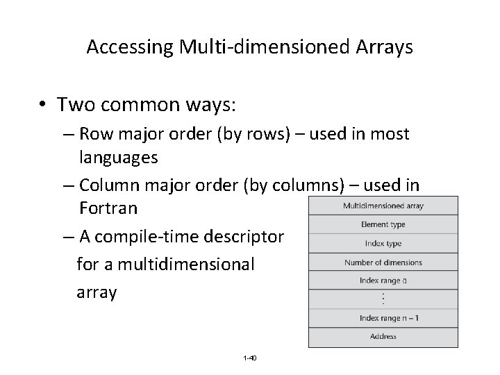 Accessing Multi-dimensioned Arrays • Two common ways: – Row major order (by rows) –