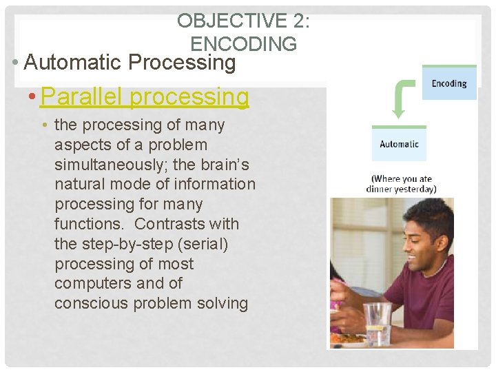 OBJECTIVE 2: ENCODING • Automatic Processing • Parallel processing • the processing of many