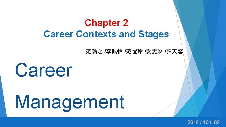 Chapter 2 Career Contexts and Stages 范瀚之 /李佩怡 /范愷玲 /謝雯涵 /許天馨 Career Management 2018