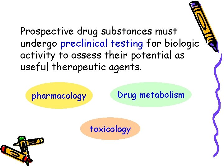 Prospective drug substances must undergo preclinical testing for biologic activity to assess their potential