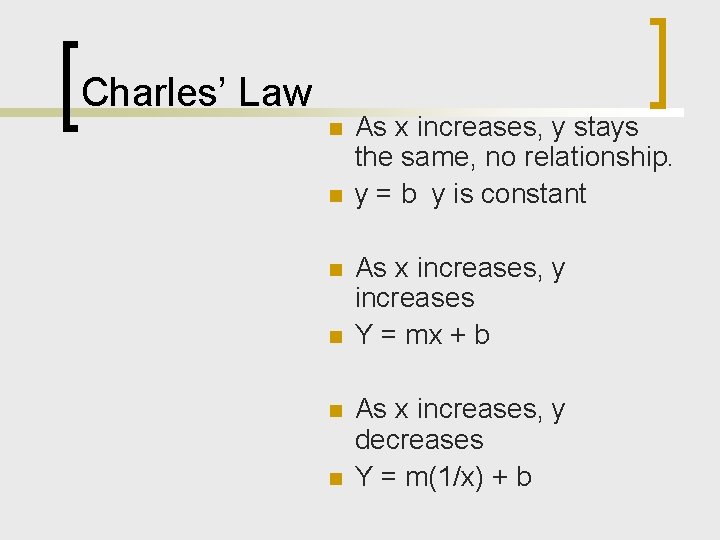 Charles’ Law n n n As x increases, y stays the same, no relationship.