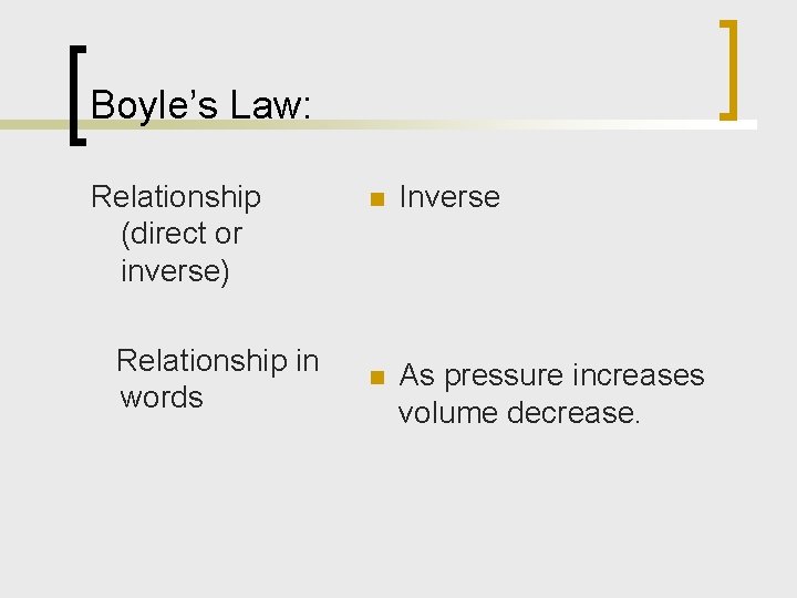 Boyle’s Law: Relationship (direct or inverse) Relationship in words n Inverse n As pressure
