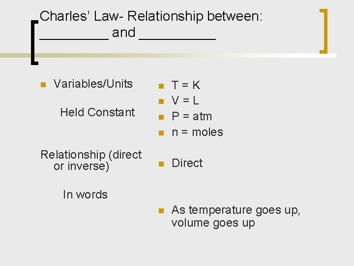 Charles’ Law- Relationship between: _____ and _____ n Variables/Units Held Constant Relationship (direct or