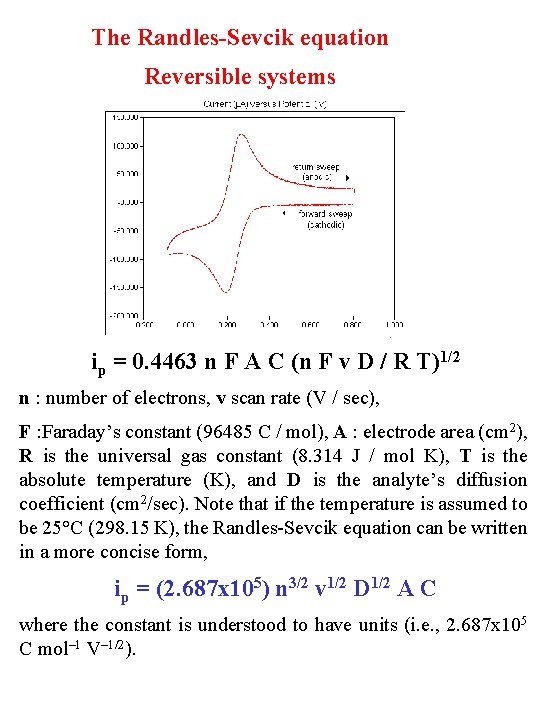 The Randles-Sevcik equation Reversible systems ip = 0. 4463 n F A C (n