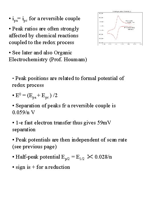  • ipa= ipc for a reversible couple • Peak ratios are often strongly