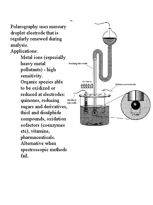 Polarography uses mercury droplet electrode that is regularly renewed during analysis. Applications: Metal ions