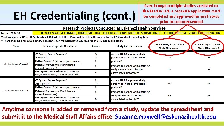 EH Credentialing (cont. ) Even though multiple studies are listed on the Master List,