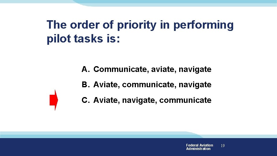 The order of priority in performing pilot tasks is: A. Communicate, aviate, navigate B. The order of priority in performing pilot tasks is: A. Communicate, aviate, navigate B.