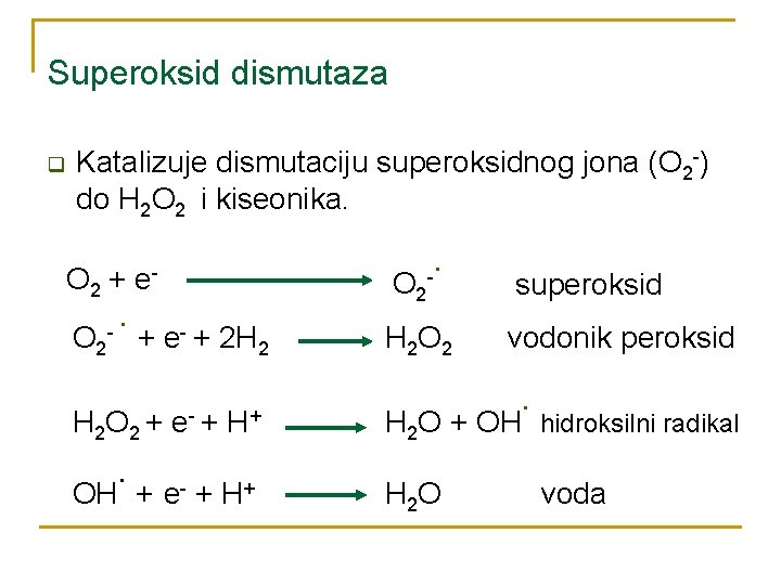 Superoksid dismutaza q Katalizuje dismutaciju superoksidnog jona (O 2 -) do H 2 O