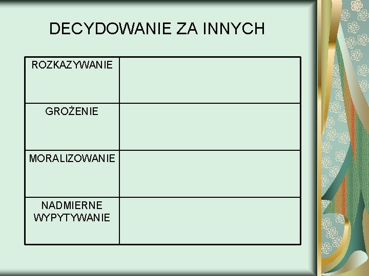 DECYDOWANIE ZA INNYCH ROZKAZYWANIE GROŻENIE MORALIZOWANIE NADMIERNE WYPYTYWANIE 