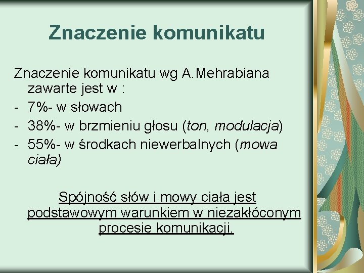 Znaczenie komunikatu wg A. Mehrabiana zawarte jest w : - 7%- w słowach -