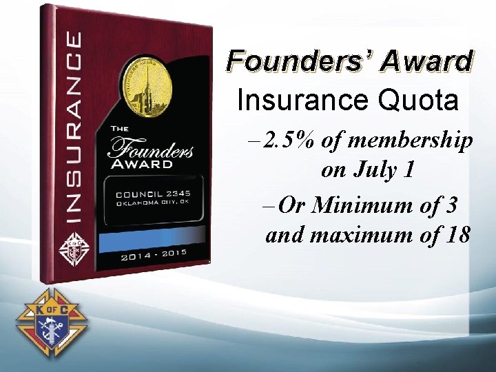Founders’ Award Insurance Quota – 2. 5% of membership on July 1 – Or