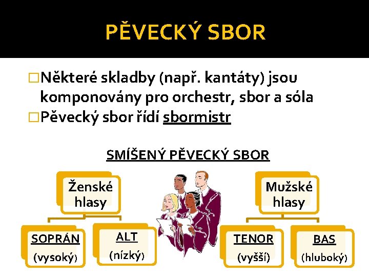 PĚVECKÝ SBOR �Některé skladby (např. kantáty) jsou komponovány pro orchestr, sbor a sóla �Pěvecký