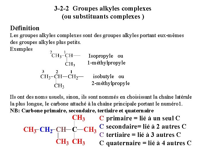 3 -2 -2 Groupes alkyles complexes (ou substituants complexes ) Définition Les groupes alkyles