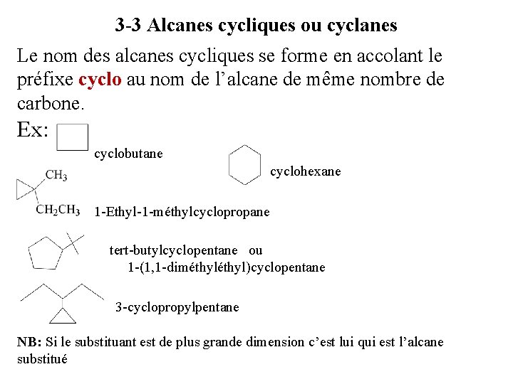 3 -3 Alcanes cycliques ou cyclanes Le nom des alcanes cycliques se forme en