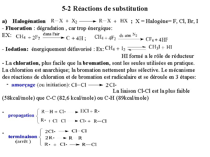 5 -2 Réactions de substitution a) Halogénation - Fluoration : dégradation , car trop