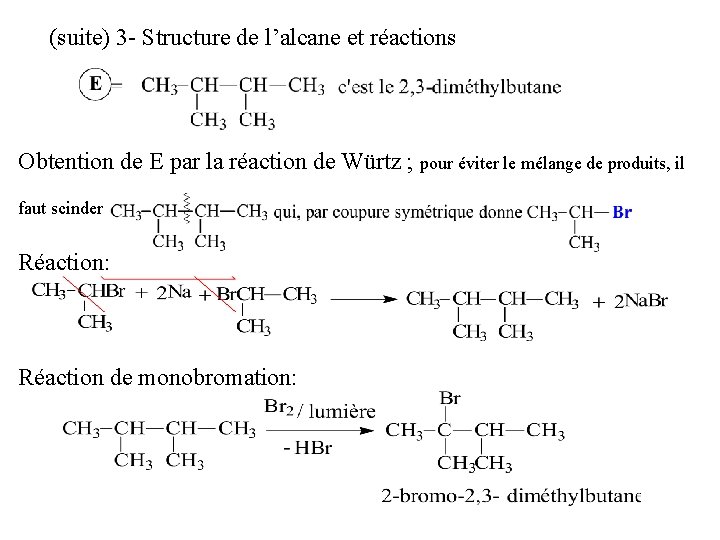  (suite) 3 - Structure de l’alcane et réactions Obtention de E par la