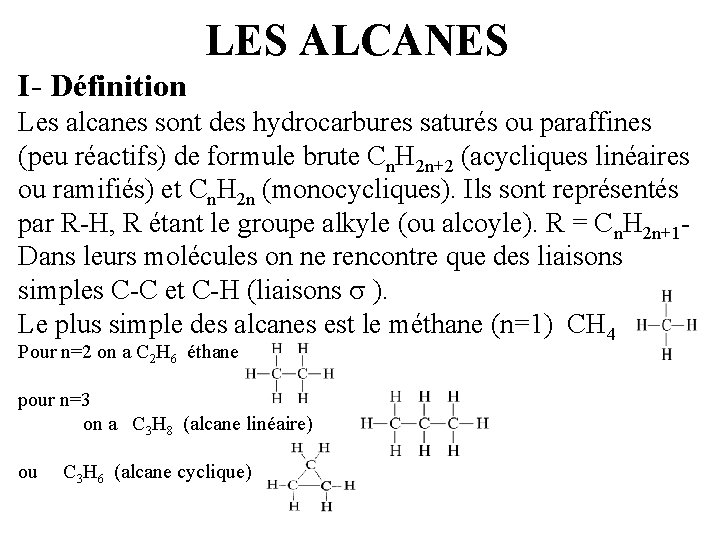 LES ALCANES I- Définition Les alcanes sont des hydrocarbures saturés ou paraffines (peu réactifs)