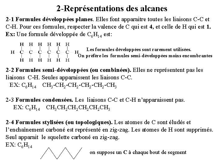 2 -Représentations des alcanes 2 -1 Formules développées planes. Elles font apparaitre toutes liaisons